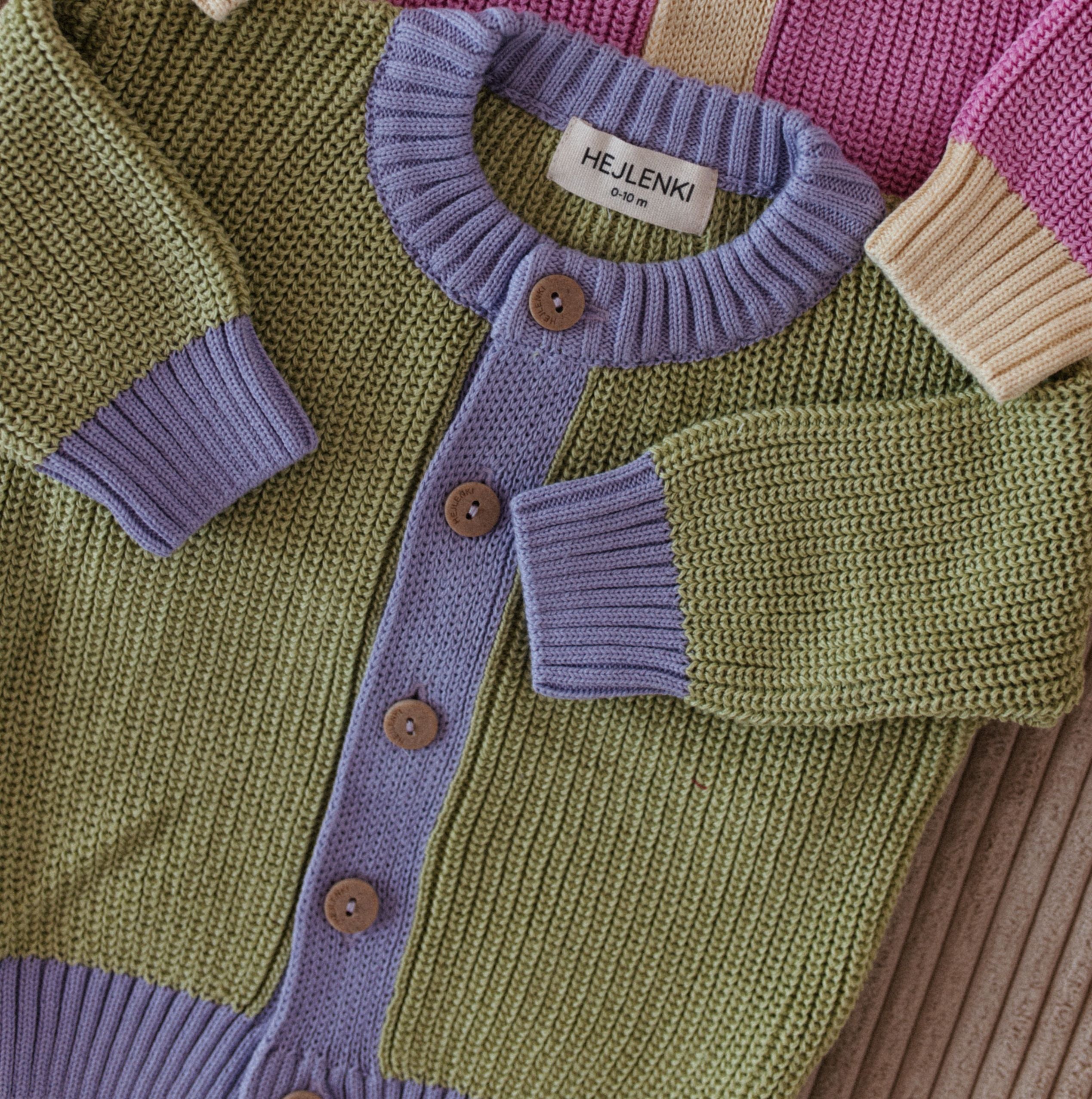 CHUNKY KNIT CARDIGAN LIME LAVENDER