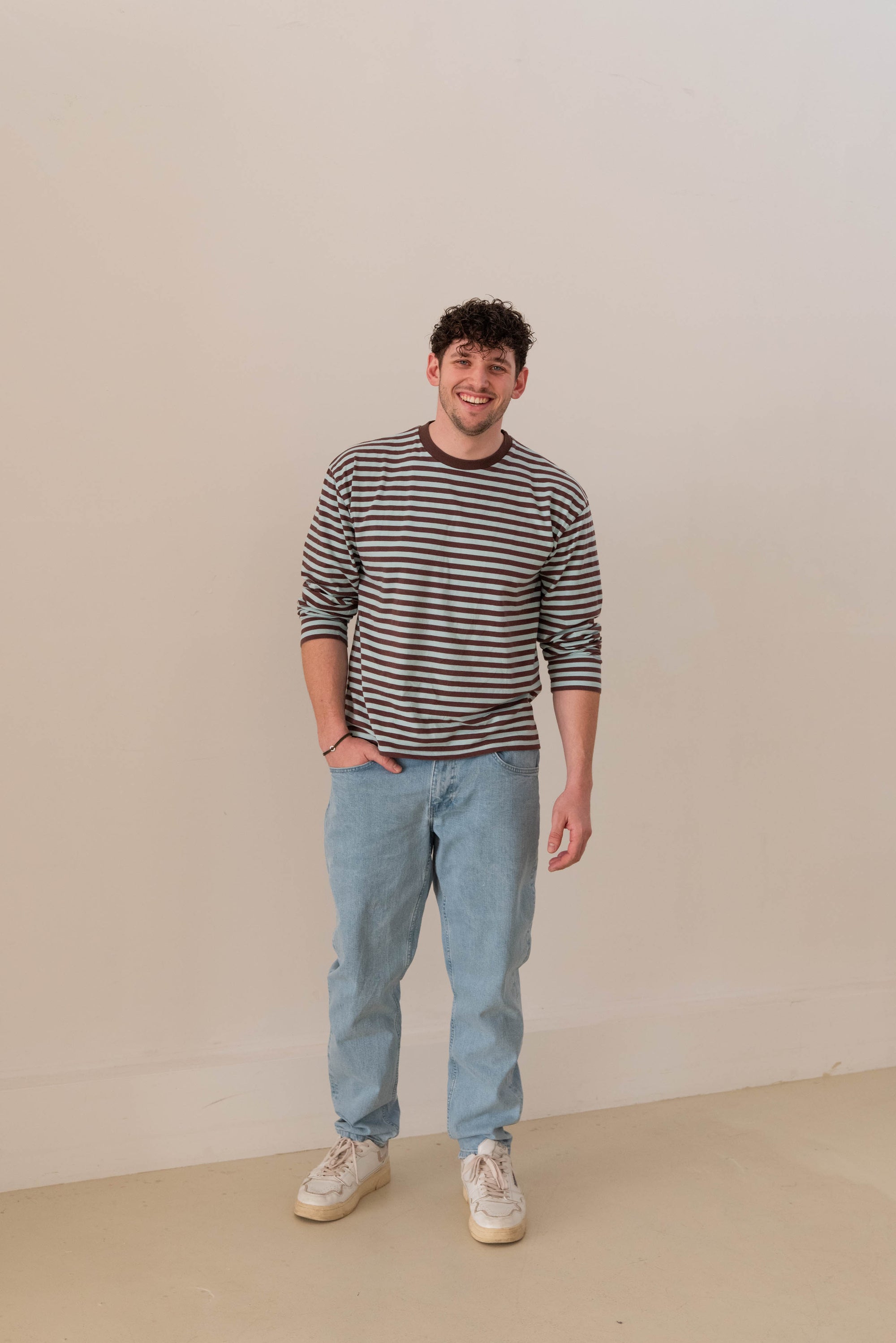 MEN OVERSIZE STRIPED LONGSLEEVE AQUA/BROWN