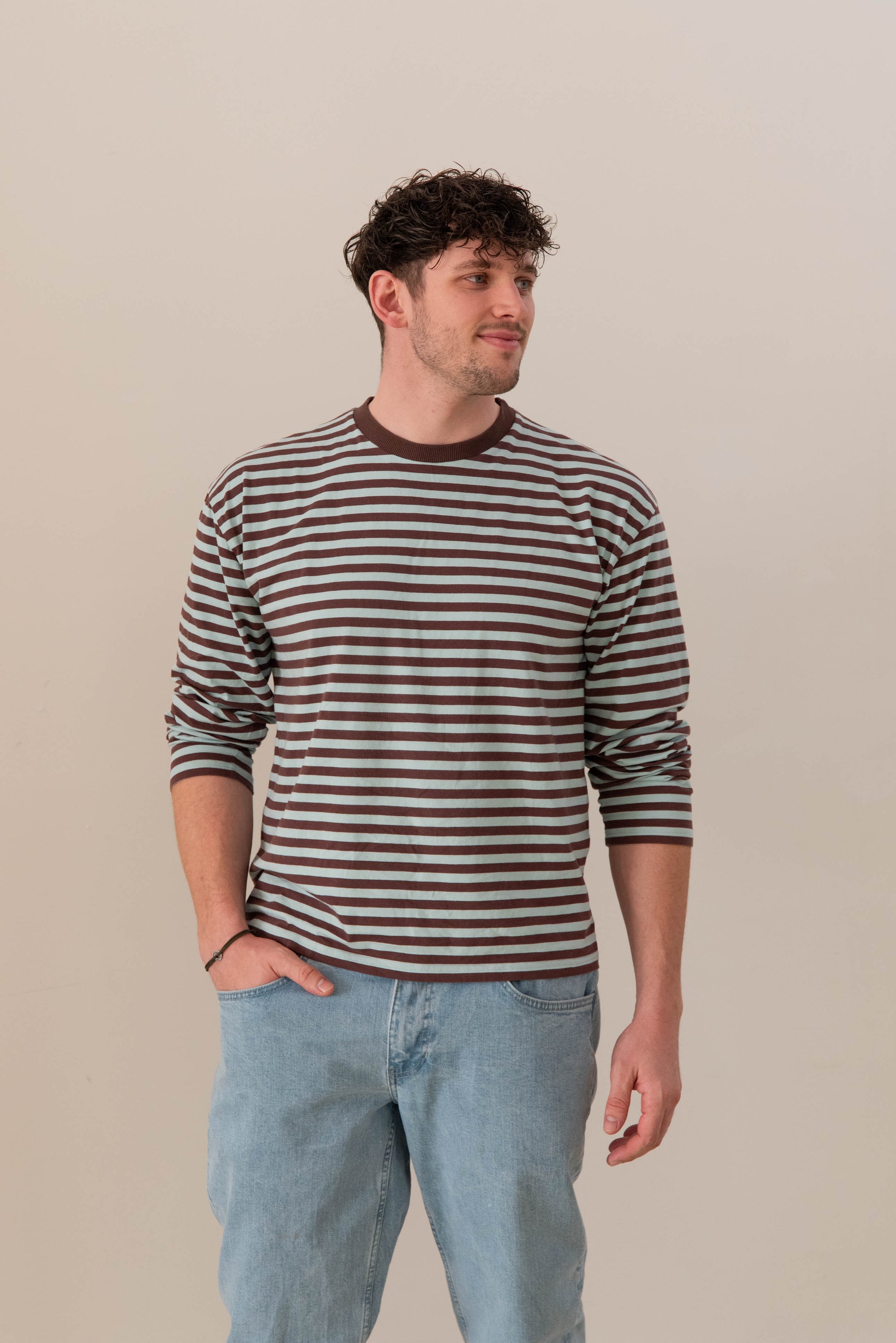 MEN OVERSIZE STRIPED LONGSLEEVE AQUA/BROWN