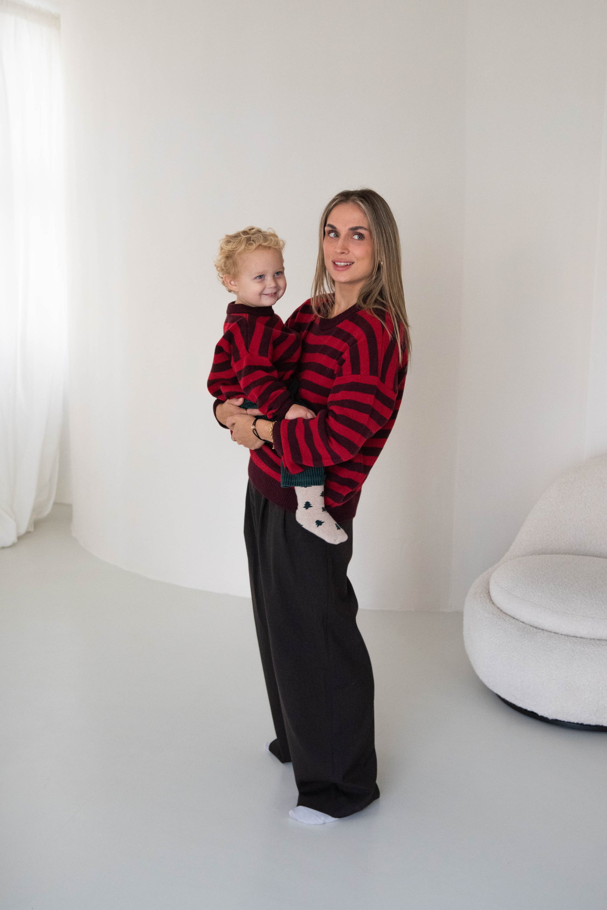 WOMEN MERINO WOOL KNIT PULLI STRIPED BURGUNDY/CHERRY