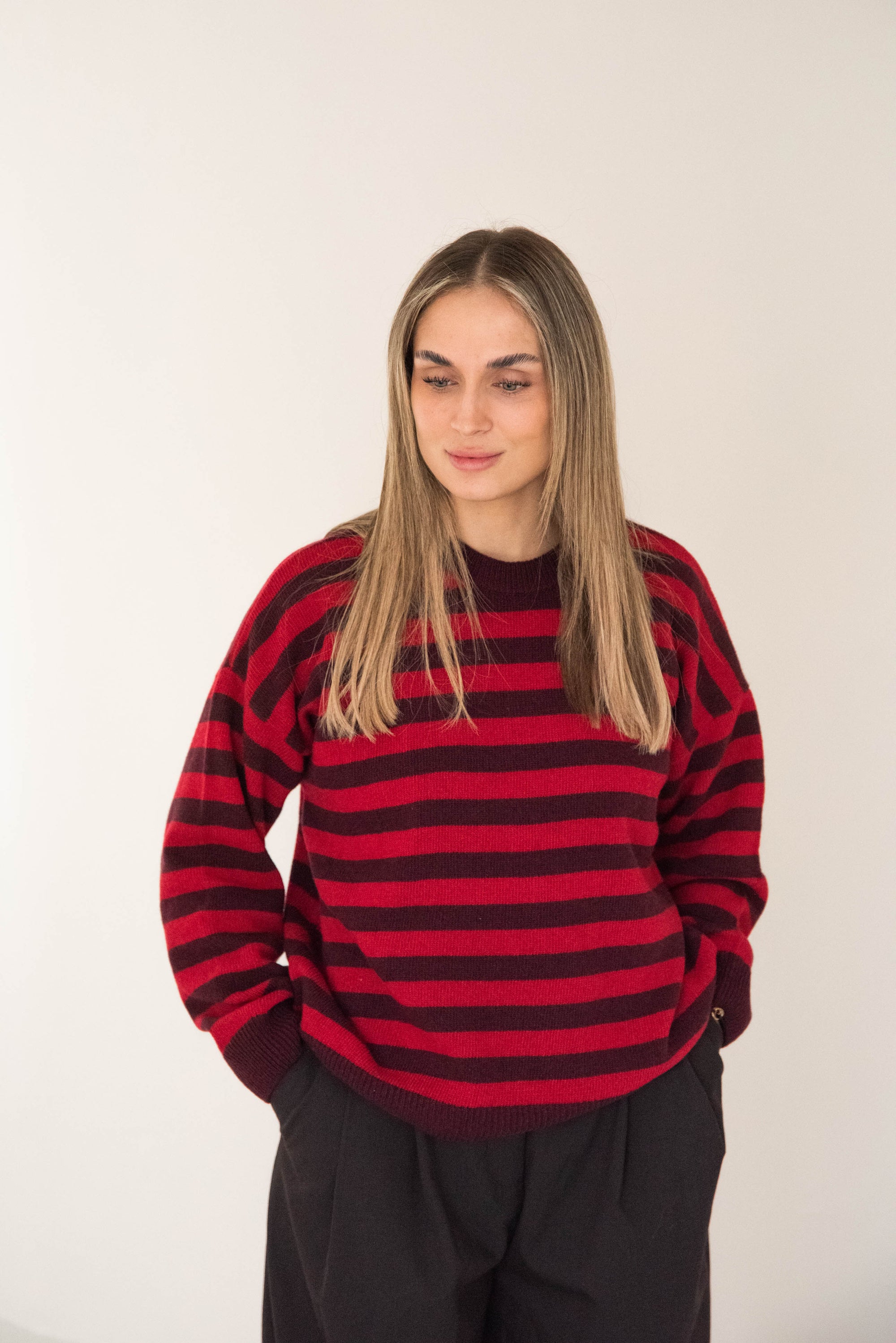 WOMEN MERINO WOOL KNIT PULLI STRIPED BURGUNDY/CHERRY