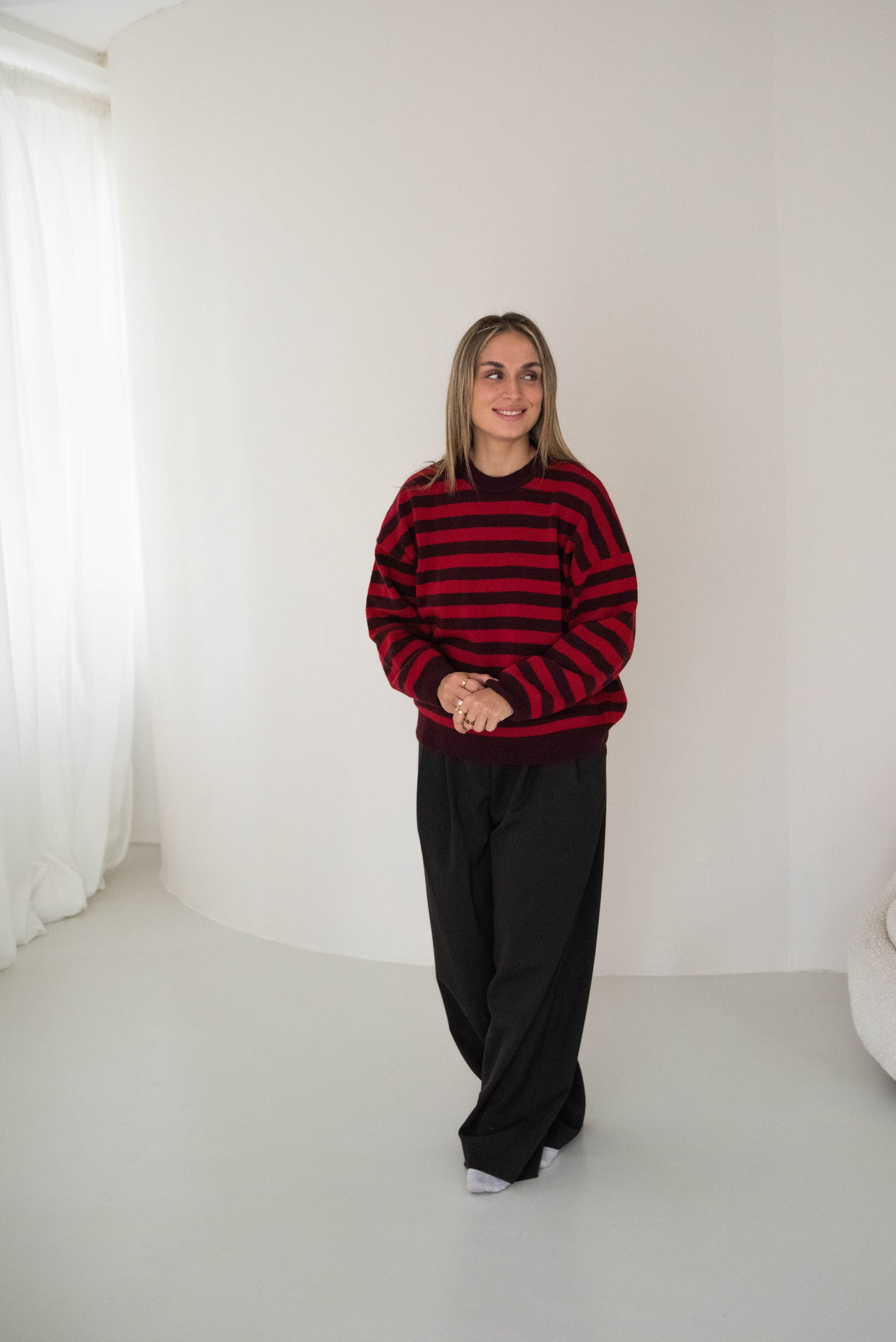 WOMEN MERINO WOOL KNIT PULLI STRIPED BURGUNDY/CHERRY