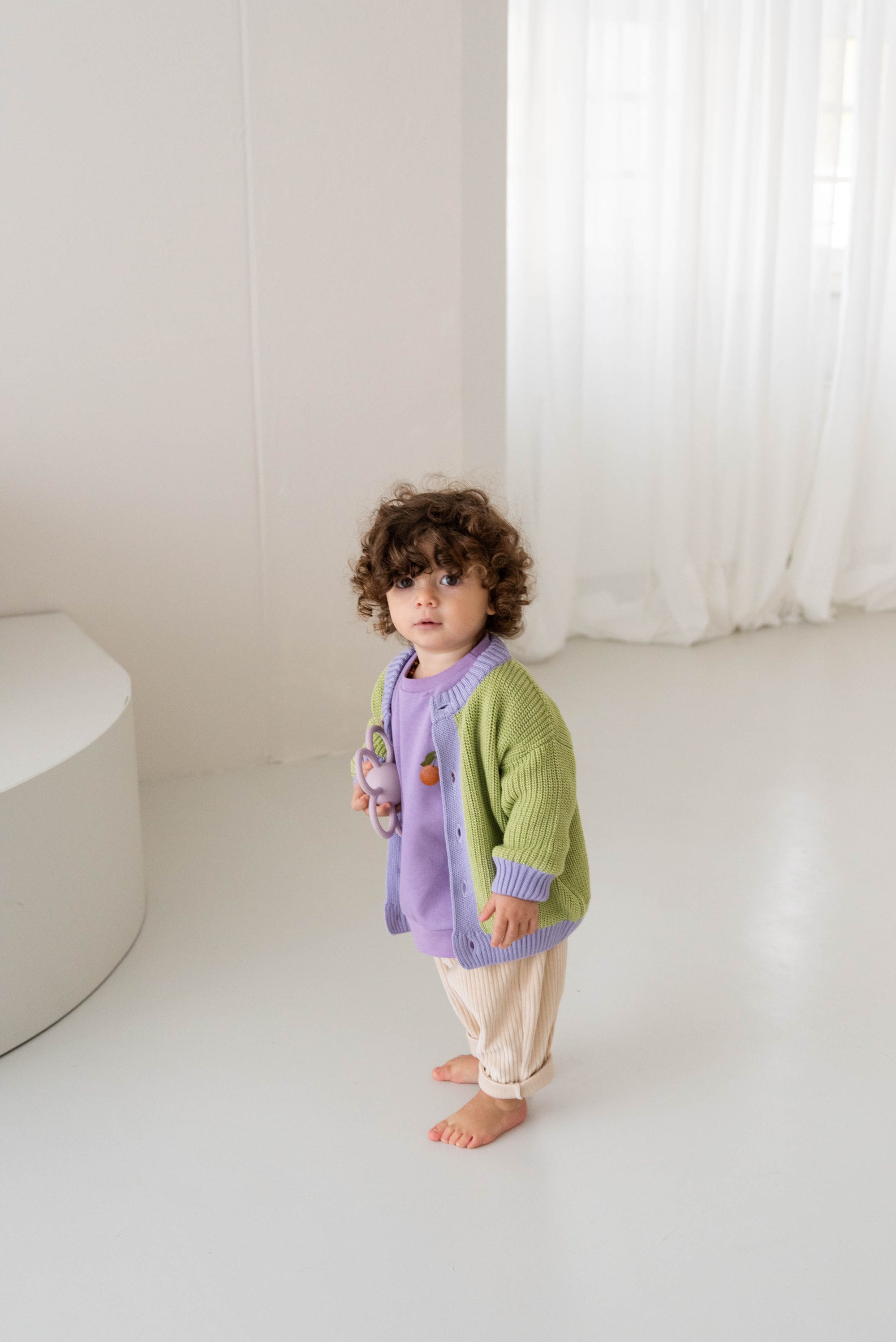 CHUNKY KNIT CARDIGAN LIME LAVENDER