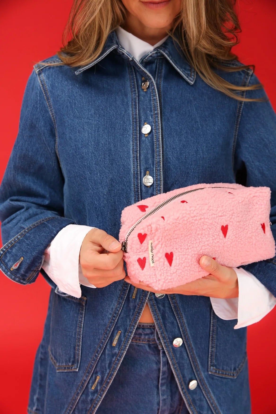 LIGHT PINK HEARTS TEDDY POUCH BAG